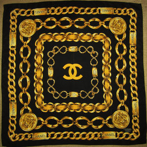 Chanel Scarf Black Silk Square Gold Chains Design